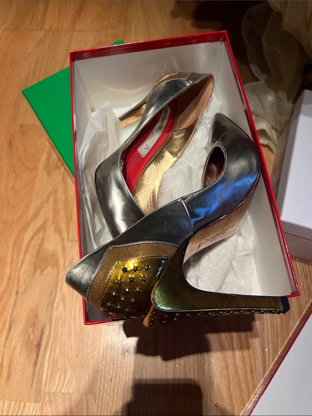 Christian Lacroix Metallic Gold and Silver Studded Peep-Toe Heels